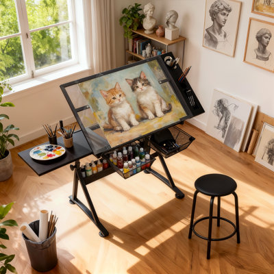 Craft and Drawing Station with Stool Set, Tempered Glass Top Drafting Table with Slide-Out Tabletop