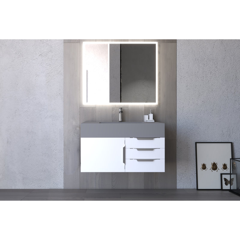 Modern 36" Wall-Mounted Single Bathroom Vanity Set with Mirror, Brushed Nickel, Gray, Gray
