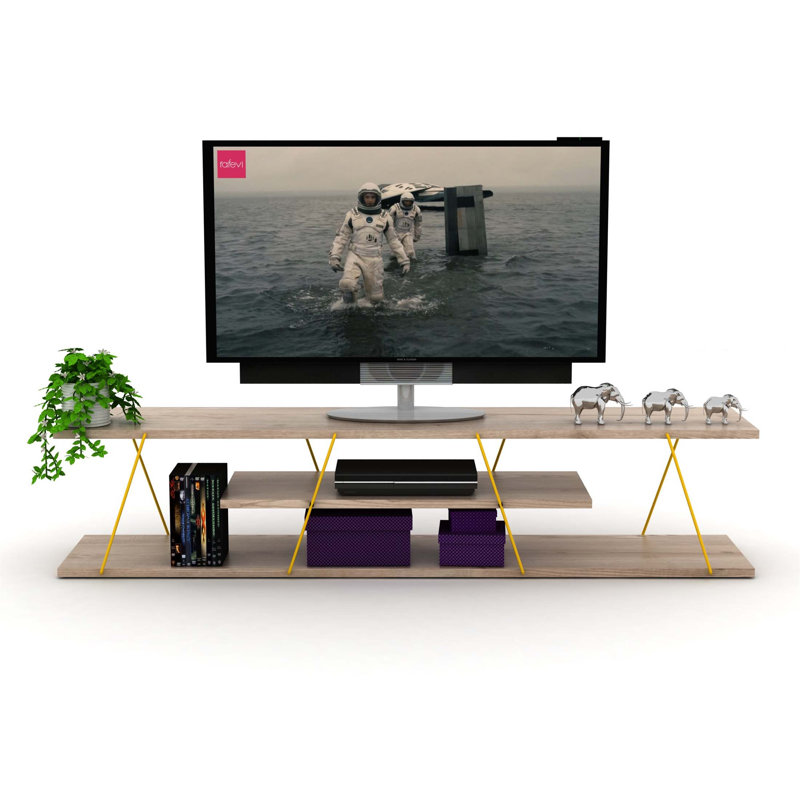 Furnishome Mid Century Modern TV Stand With 4 Open Shelves And Metal Cord Management, Perfect For Contemporary Living Spaces