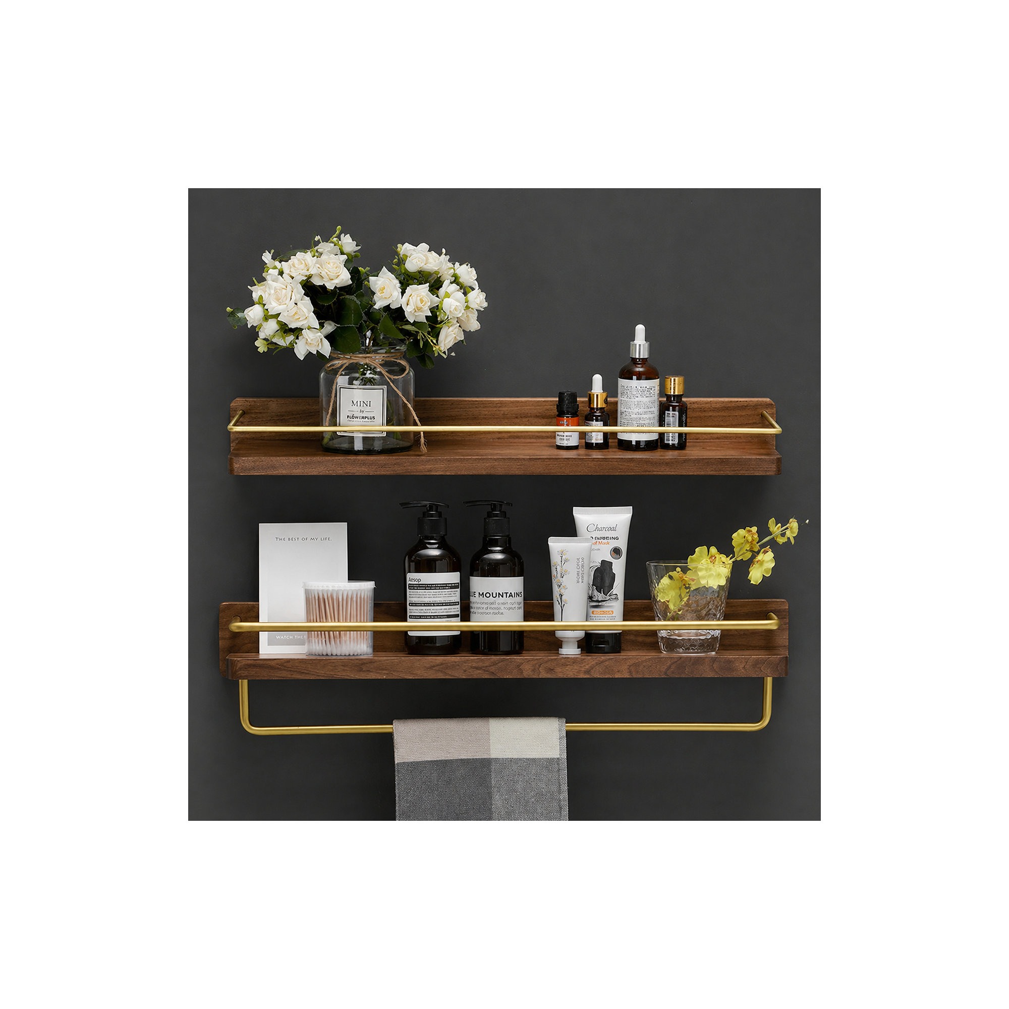 Dandre Modern Brass Wooden Shelf, Walnut, 3.2" H x 16" W x 5.6" D