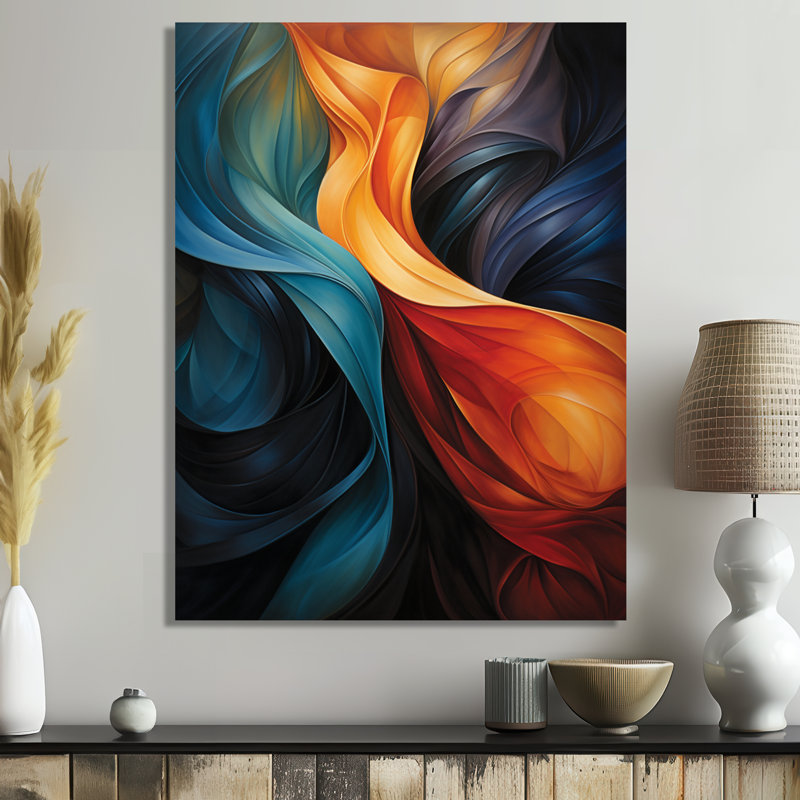 Décoration murale rétro bleu orange liquide - Vagues, H 32 po x l 24 po x P 1 po, Toile tendue