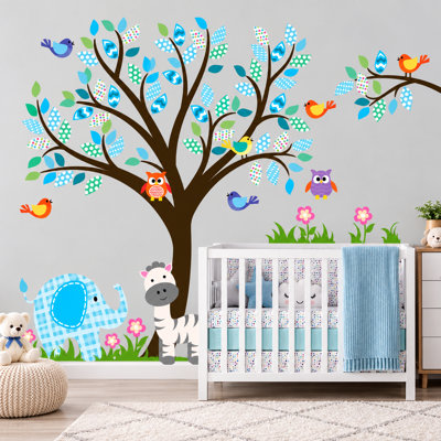 Décalcomanie murale arbre de chambre de bébé, hibou et éléphant
