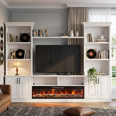 Meuble télé avec foyer électrique de 240 cm de large, rangements intégrés, style champêtre, moulures décoratives et trousse antibasculement