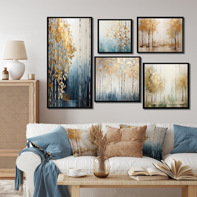 Minimalisme - Forêt bleue et dorée - ensemble de 5 impressions sur toile