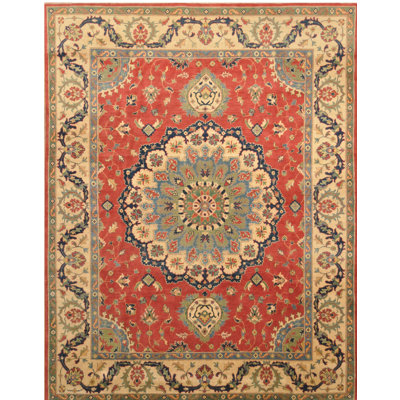 Tapis unique en laine noué à la main de style Kazak rouge / ivoire / beige 8 pi x 10 pi 3 po Jevon