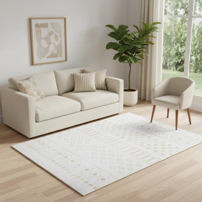 5' X 7' Gold And White Abstract Geometric Washable Area Rug