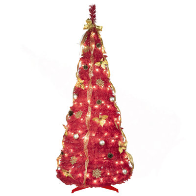6FT Red Pop-Up Christmas Tree With 150 Warm White LED Lights, Ornaments Included – 4 Ribbons, Bow, Flowers, Snowflakes, Pine Cones & Balls – Easy Assembly & Space-Saving Holiday Décor