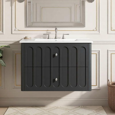 Meuble-lavabo flottant moderne de 30 po avec poignées ovales et bord rond, glissières de tiroir à fermeture en douceur, armoire de salle de bain avec lavabo en céramique