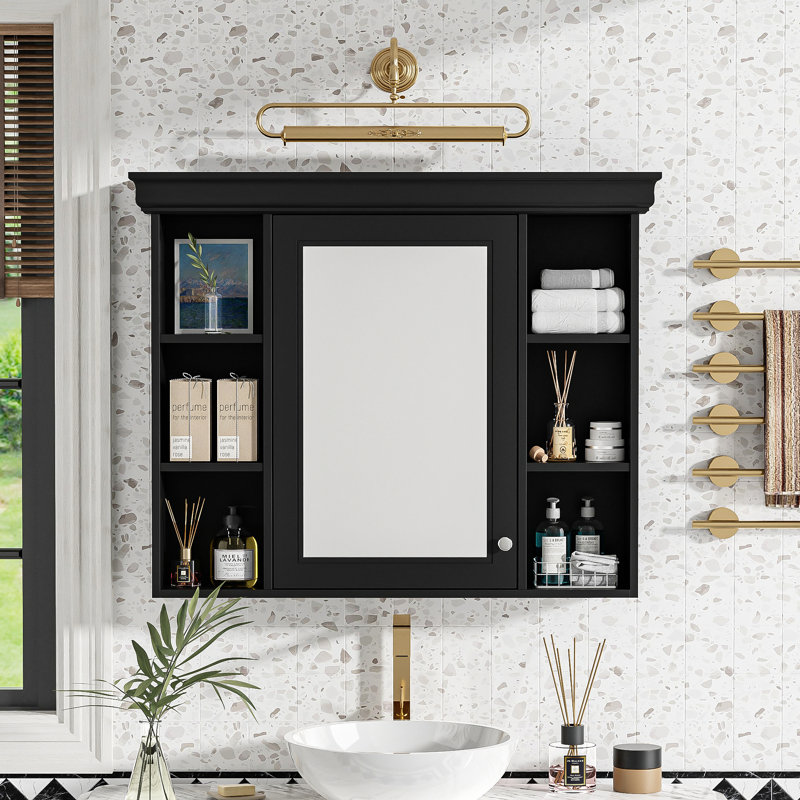 Armoire de rangement murale noire 35 po x 28 po avec porte miroir