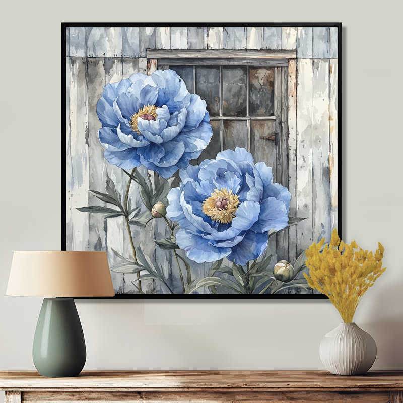 Acier bleu pivoines par la remise III - pivoines, art mural, Impression encadrée flottante, Noir, noir, noir, noir