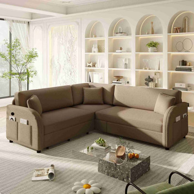 85.1" L-Shaped Sofa Couch with Pull-Out Bed,Oversize Convertible Sleeper Sofa with side Pocket & USB Port,Teddy Upholstered Sectional Couches, for Living Room, Apartment, Office,Brown