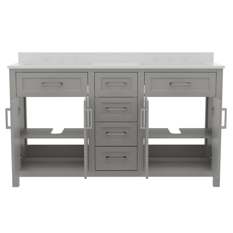 Meuble-lavabo avec 2 lavabos, 2 armoires de rangement et 6 tiroirs Chenoweth, Gris, Nickel