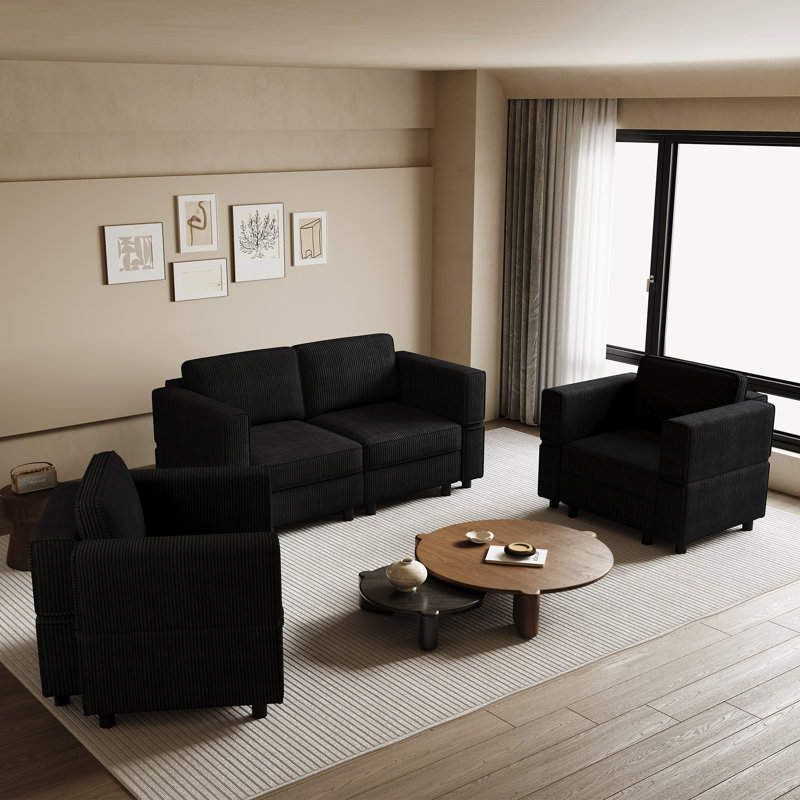 Ensemble de salon modulaire rembourré Elda, Velours côtelé noir