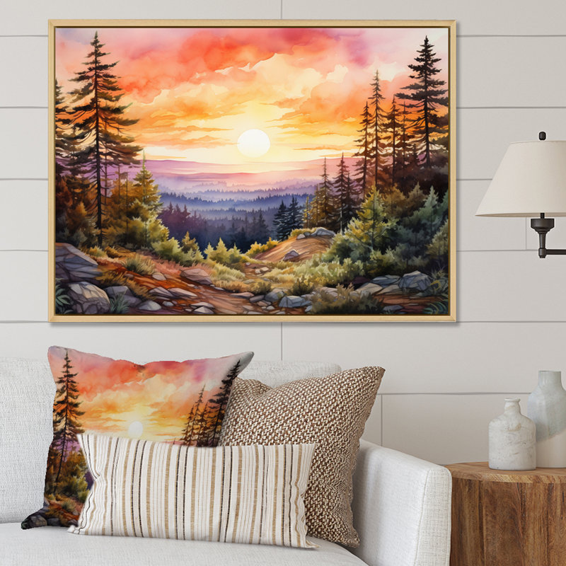 Pin, horizon rose sur toile, H 24 po x l 32 po x P 1 po, Cadre naturel flottant