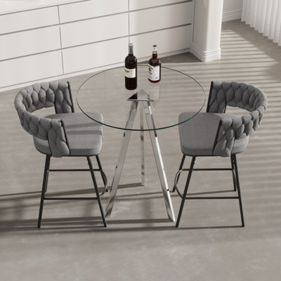 Ensemble de table de bar ronde en verre trempé avec chaises pivotantes à 360 °