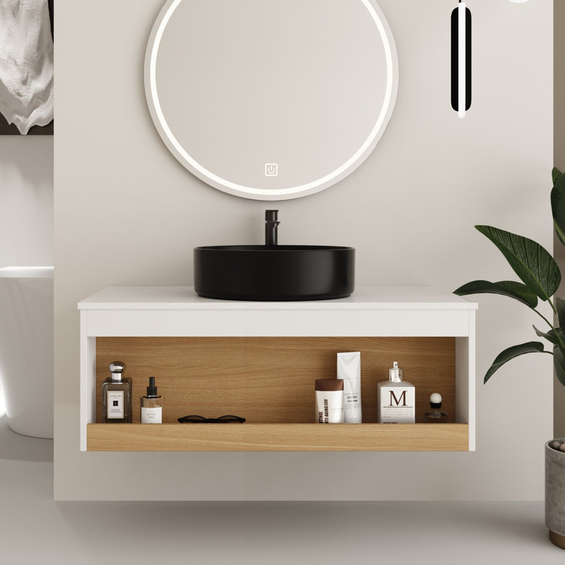 Ensemble de meuble-lavabo mural simple 36 po avec lavabo rond en céramique, Black