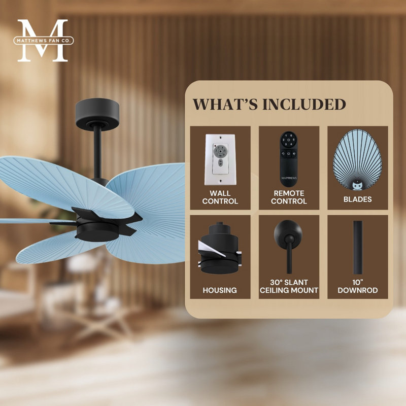 Alessandra Tropical - Five Blade Ceiling Fan - Matte White Finish - Matte White Blades, Light Blue, Matte Black