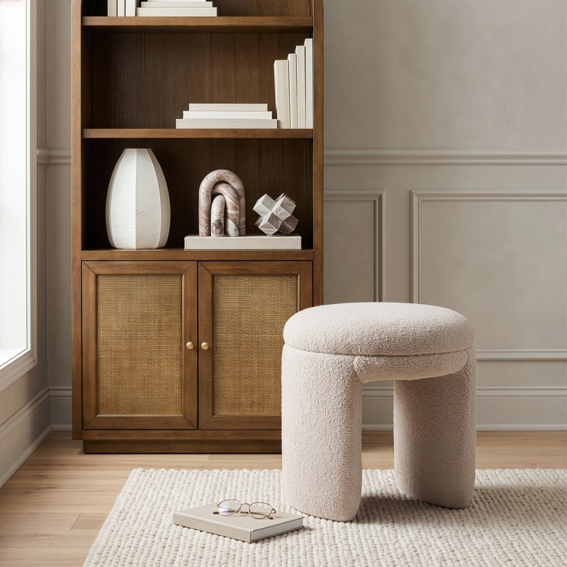 Bowen 18"W Upholstered U-Shaped Accent Ottoman, Beige Faux Shearling Teddy Fabric