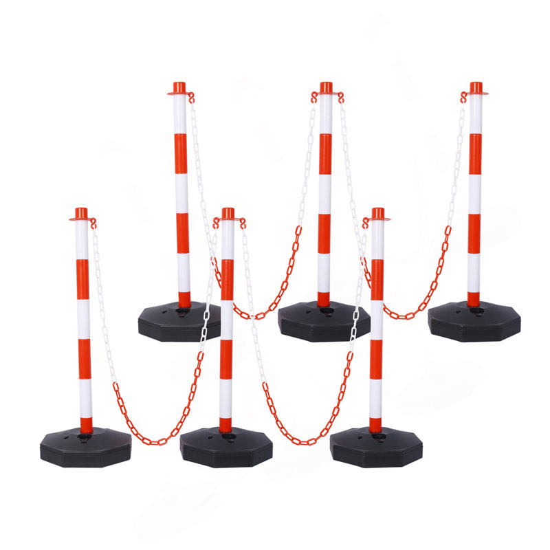 Paquet de 6 cônes de poteau de circulation avec base remplissable, barrière de sécurité en plastique réglable avec chaîne en plastique de 5 pi, poteau de contrôle des foules intérieur et extérieur pour le contrôle du trafic et l'avertissement