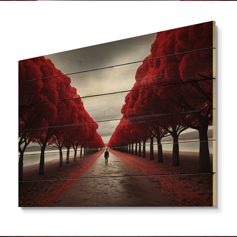 Arbre rouge et gris solitude II sur bois, H 10 po x l 20 po x P 0,78 po