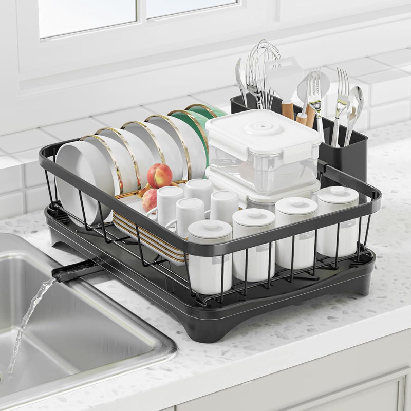 Dish Drying Rack With Drainboard - Space Saving Single Layer Drying Rack,Large Capacity Kitchen Organizer With Utensil Holder & Cutlery Tray, Countertop Dish Drainer