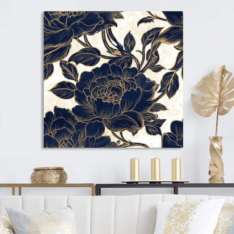 Décoration murale pivoines bleues et dorées Symphony III, H 16 po x l 16 po x P 1 po