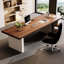 Bureau rectangulaire à 3 tiroirs brun noisette + blanc beige + bois manufacturé-476382687-476382684