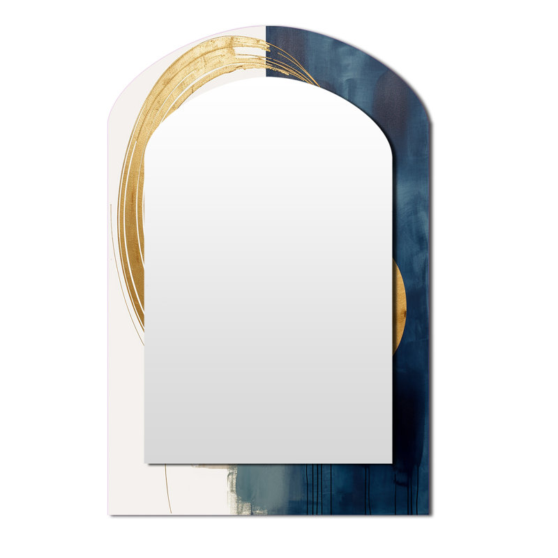 Moon Bliss On Delft Blue Sky Mid-Century I - Transitional Asymmetrical Large Wall Mirror, Modern Arch Unique Mirror, Printed Metal Art