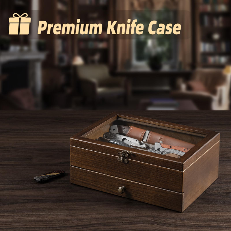 Knife Display Case, Knife Collection Display Holder With Glass Lid, 2-layer Wooden Pocket Knife Case With Drawers