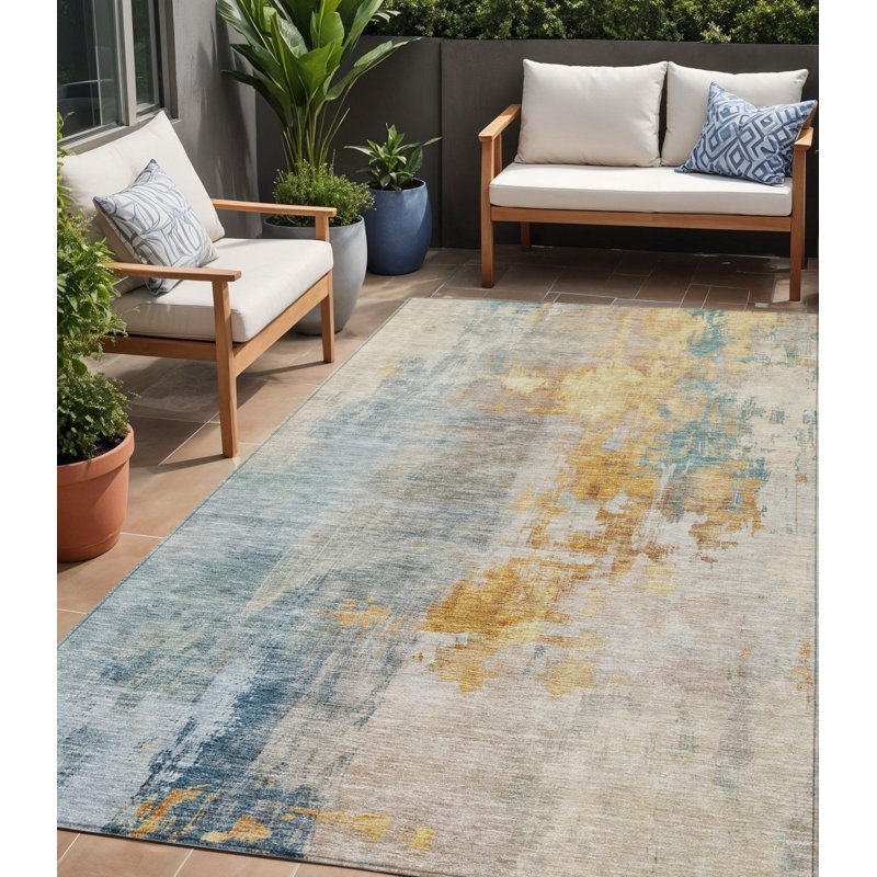 Tapis extérieur lavable abstrait bleu sarcelle et cuivre 5 pi x 8 pi Lin