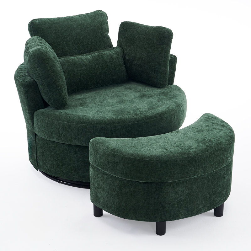 Swivel Armchair with Footstool, Green Chenille