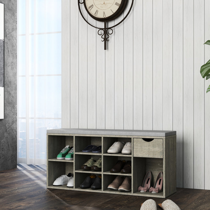 Banc à chaussures, siège rembourré, tiroir, lunettes de soleil, clés, 9, rangement, compartiments latéraux, bottes à lacets, chaussures ouvertes grises et confortables,