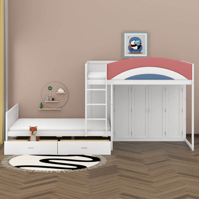 Offset Bunk Bed With Wardrobe & Drawers, Space-Saving Bed With Built-In Closet, Hanging Rod, Upholstered Guardrail