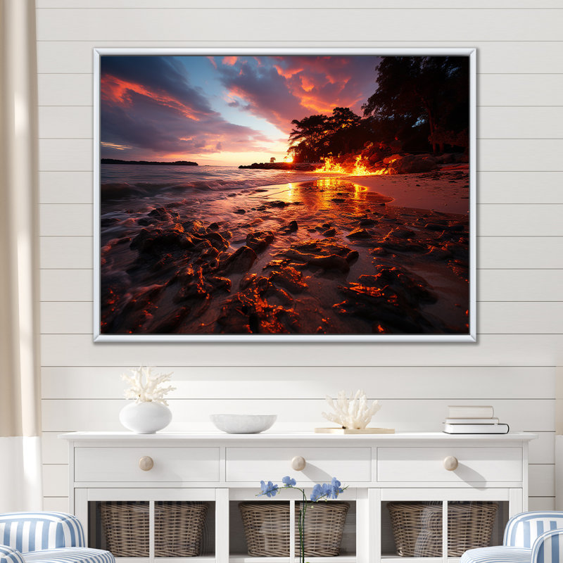 Impression sur toile encadrée rose et orange I - Coastal Beach, Cadre flottant blanc, H 12 po x l 20 po x P 1 po