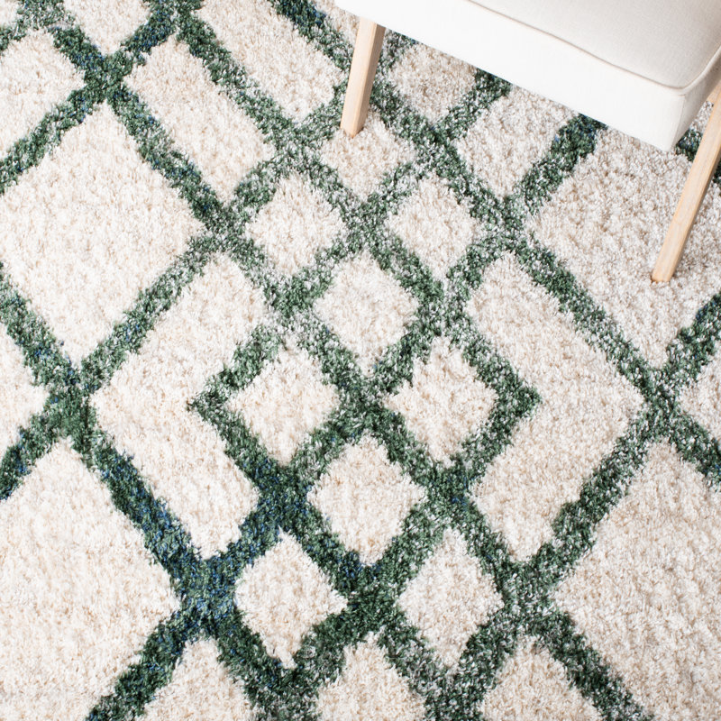 Tapis géométrique ivoire / vert Karter, Tapis de couloir 2 pi x 10 pi