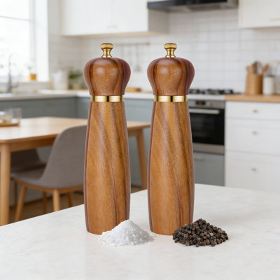 Acacia Wood Salt And Pepper Grinder Set - 8-Inch Adjustable Manual Mills With Rustproof Ceramic Core, 2-Pack Refillable Spice Grinders For Kitchen And Dining