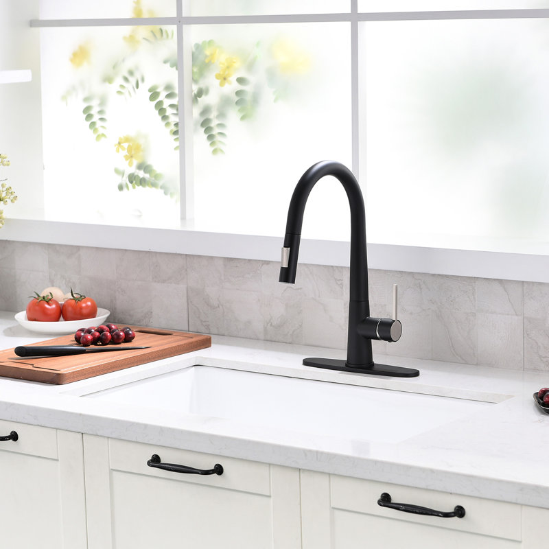 Pull Out Kitchen Faucet, Black, Single Handle, Deck Plate, Contemporary Design, Ceramic Filler, Brass Faucet Black With Spray, Contemporary, Filled, Brass, Plate
