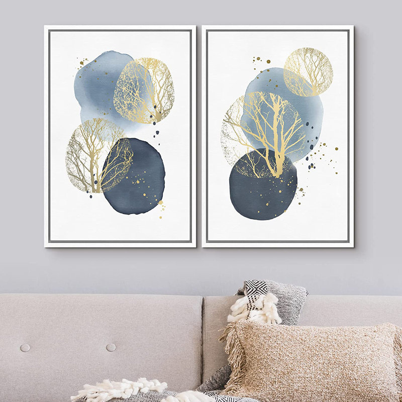 «Blots With Gold Plant Silhouette Abstract Shapes Illustration», ensemble de 2 peintures encadrées sur toile flottante, Blanc