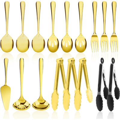 Ensemble d'ustensiles de service en acier inoxydable 17 pièces, comprenant des cuillères de service, des cuillères à fentes, des fourchettes, des pinces, une desserte à gâteau, une louche à soupe et une cuillère d'écumoire pour le buffet, la rest