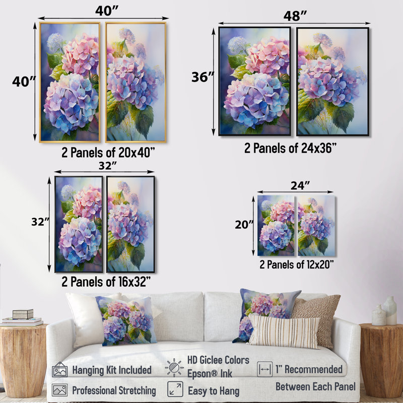 Décoration murale hortensia rose et mauve - Hortensia floral, H 32 po x l 32 po, Toile tendue, Ne s’applique pas