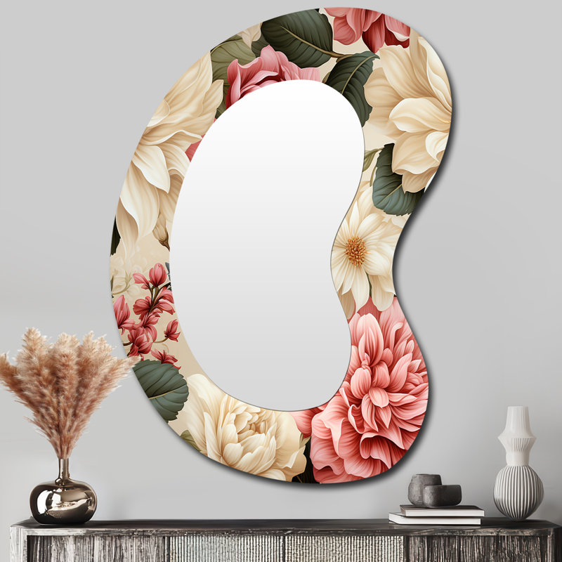 Antique Rose Mute Green Garden I - Formes asymétriques florales - Grand miroir mural traditionnel, 39 po x 28 po