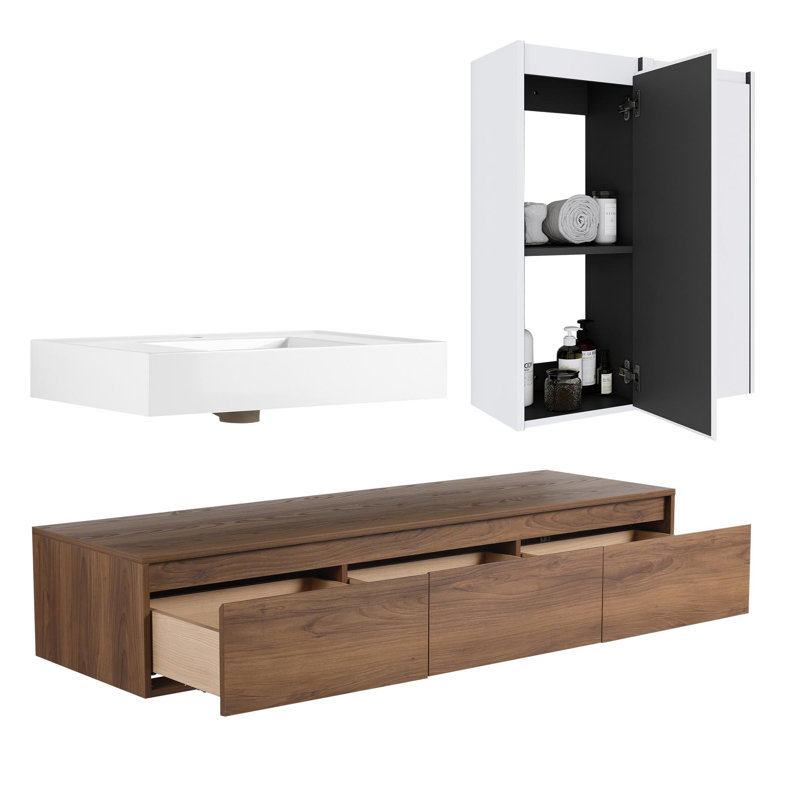 Wall-Mounted Bathroom Vanity with 30" Middle Resin Sink,3 Soft Close Drawer and 2 Side Cabinets