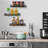 3-Piece Rustic Wall Mounted Spice Rack, Burnt Wood and Black Metal Kitchen Storage Shelves Organizer