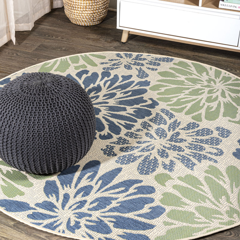 Hagy Modern Floral Textured Weave Navy/Green Indoor/Outdoor Rug, Round 9'