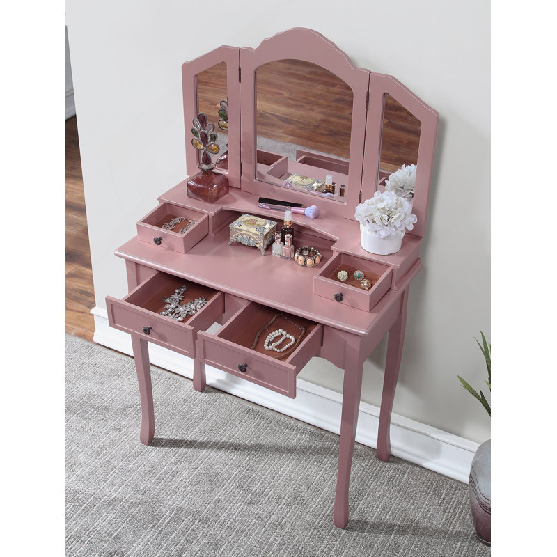 Ensemble coiffeuse et tabouret en bois, Or rose