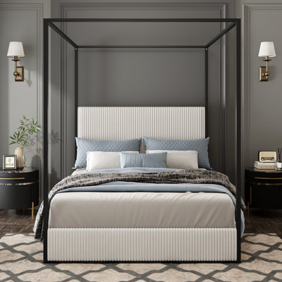 Modern Luxury Metal Canopy Bed With Tall Corduroy Upholstered Headboard And Four Poster, No Box Spring Needed