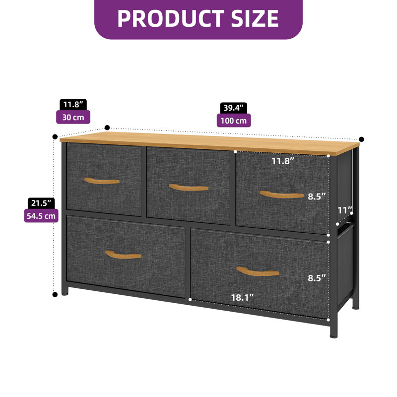 Kathiria 39.4"W 5 Drawer Small Dresser, Medium Gray