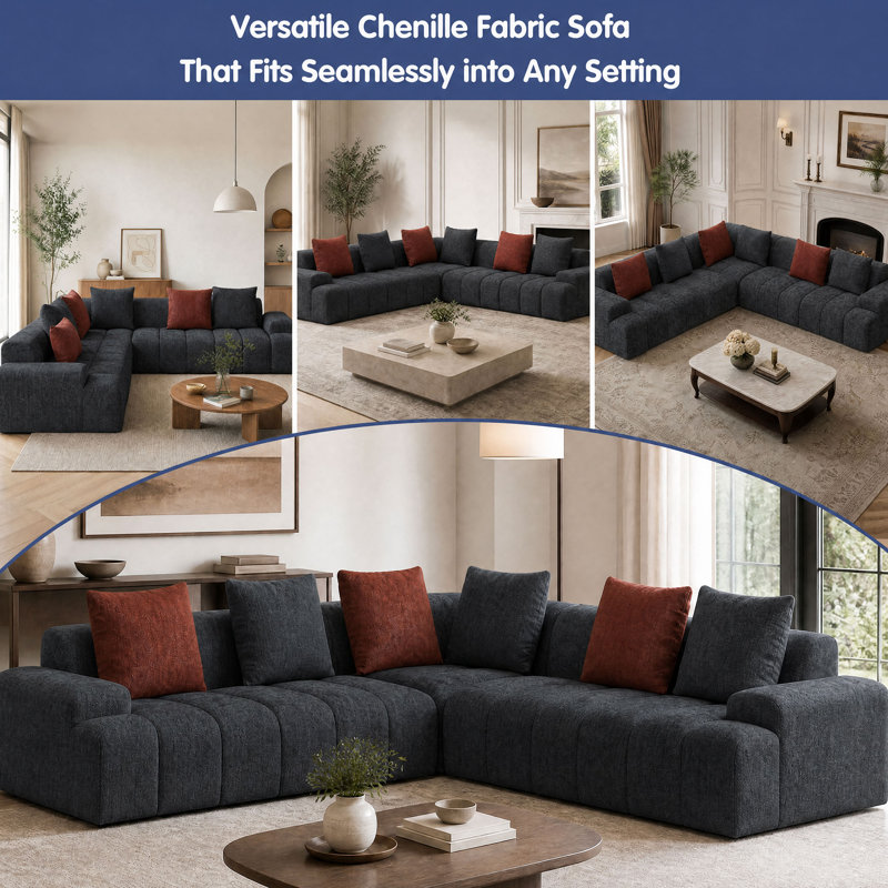 Canapé modulaire rembourré 108 pièces en forme de L 108 po avec 6 coussins décoratifs sans cadre 108 po Chenille