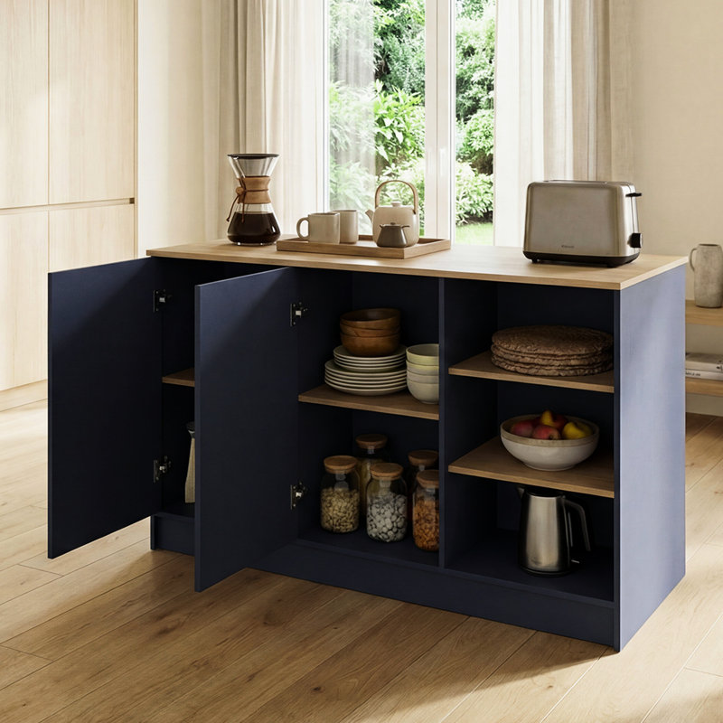 Îlot de cuisine bleu et crème moderne fait de panneau de particules avec un comptoir de salle à manger spacieux de 26 po x 59 po idéal pour la préparation des repas, trois tablettes de rangement ouvertes, deux portes intérieures d'armoire, deux tablettes intérieures