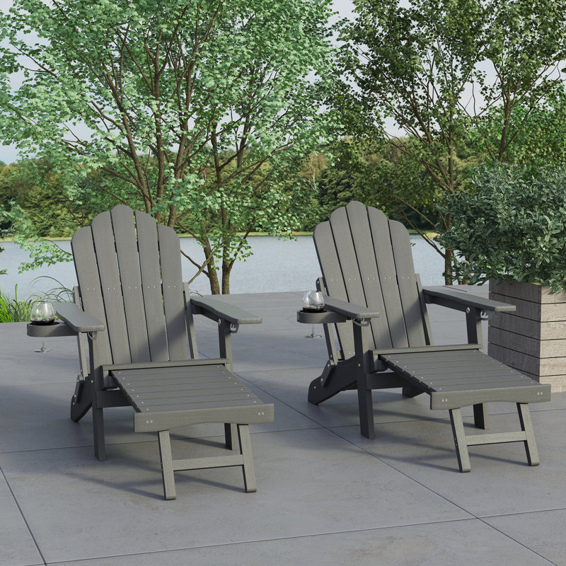 Folding Adirondack Chair with Cup Holders, Fire Pit Chair with Retractable Ottoman,  Multifunctional HIPS Chair for Porch, Patio, Balcony